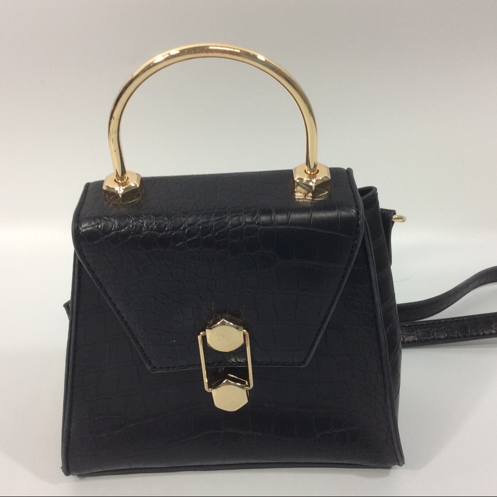 Badgley Mischka Black Handbag Faux Croc Vegan Top Handle Crossbody Combo Evening